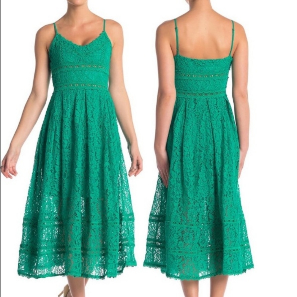 NSR NWT Green Crochet Lace Midi Dress sleeveless emerald fit & flare A-line new